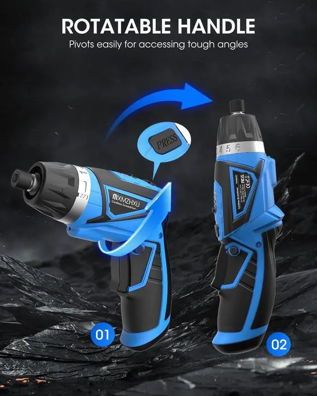 Alt view image 4 of 7 - 8V Cordless Screwdriver 6+1 Torque Max 10N·m Electric Power Screwdriver with 47 Accessories 180°Pivoting Handle 2000mAh Rechargeable Screw Gun&Bit Set with LED Light Flexible Shaft for Home Office