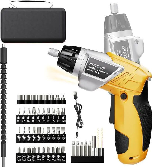 Main image of Electric Screwdriver Cordless Set 3.6V Power Screwdriver Rechargeable with Light Yellow Screw Gun with Pivoting Handle and Drill 49 Pcs Accessories 6+1 Torque Setting 2000 mAh Battery