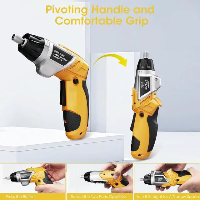 Alt view image 4 of 7 - Electric Screwdriver Cordless Set 3.6V Power Screwdriver Rechargeable with Light Yellow Screw Gun with Pivoting Handle and Drill 49 Pcs Accessories 6+1 Torque Setting 2000 mAh Battery