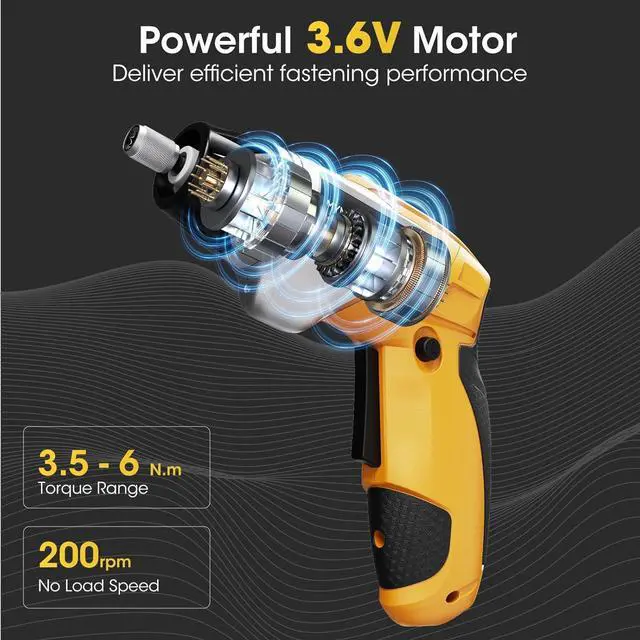 Alt view image 3 of 7 - Electric Screwdriver Cordless Set 3.6V Power Screwdriver Rechargeable with Light Yellow Screw Gun with Pivoting Handle and Drill 49 Pcs Accessories 6+1 Torque Setting 2000 mAh Battery