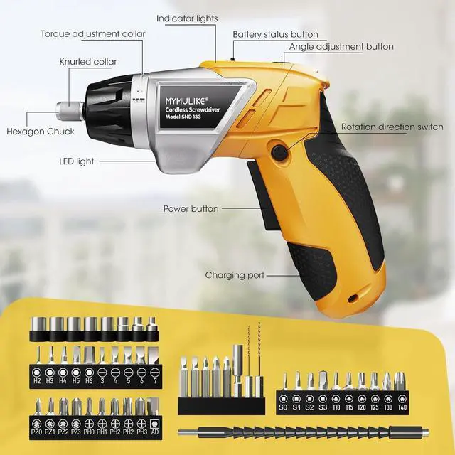 Alt view image 5 of 7 - Electric Screwdriver Cordless Set 3.6V Power Screwdriver Rechargeable with Light Yellow Screw Gun with Pivoting Handle and Drill 49 Pcs Accessories 6+1 Torque Setting 2000 mAh Battery