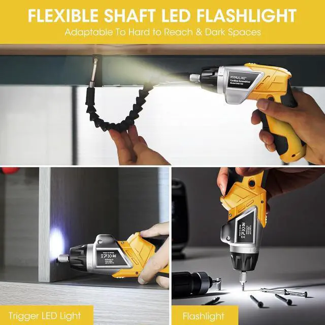 Alt view image 6 of 7 - Electric Screwdriver Cordless Set 3.6V Power Screwdriver Rechargeable with Light Yellow Screw Gun with Pivoting Handle and Drill 49 Pcs Accessories 6+1 Torque Setting 2000 mAh Battery