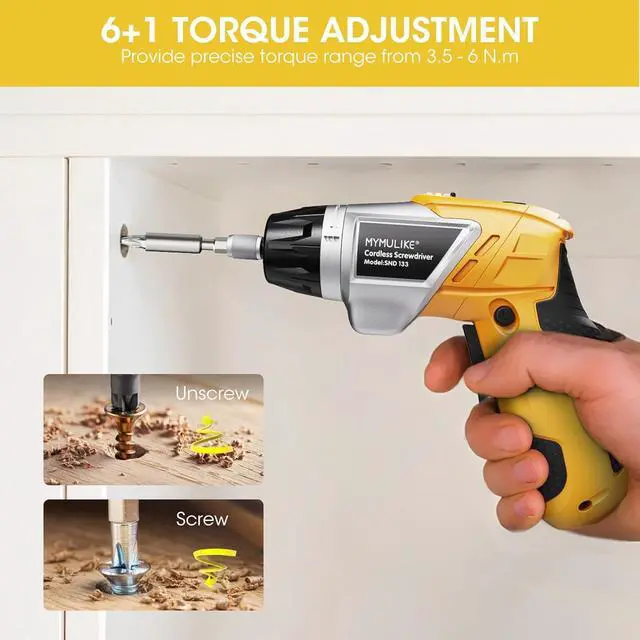 Alt view image 7 of 7 - Electric Screwdriver Cordless Set 3.6V Power Screwdriver Rechargeable with Light Yellow Screw Gun with Pivoting Handle and Drill 49 Pcs Accessories 6+1 Torque Setting 2000 mAh Battery