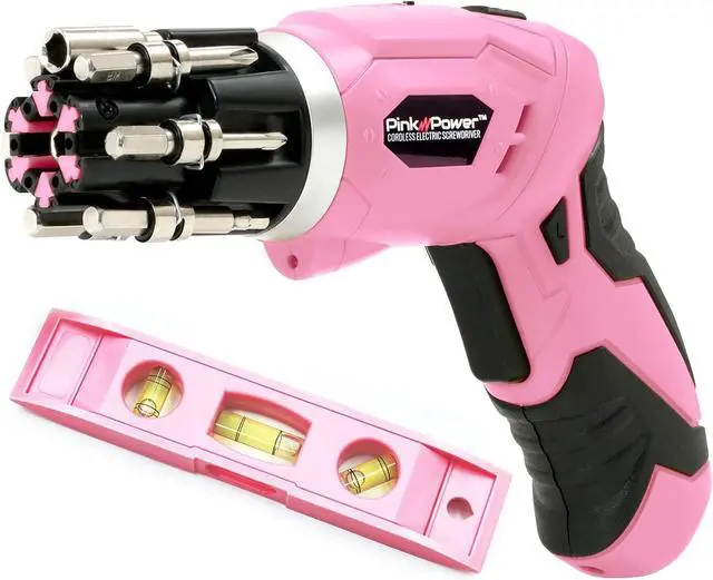 Main image of Cordless Electric Screwdriver Set - 4V Rechargeable Pink Cordless Screwdriver Set for Women with Bubble Level and LED Light - Small Screwdriver Set with Pivotal Handle and Fold-Out Bits