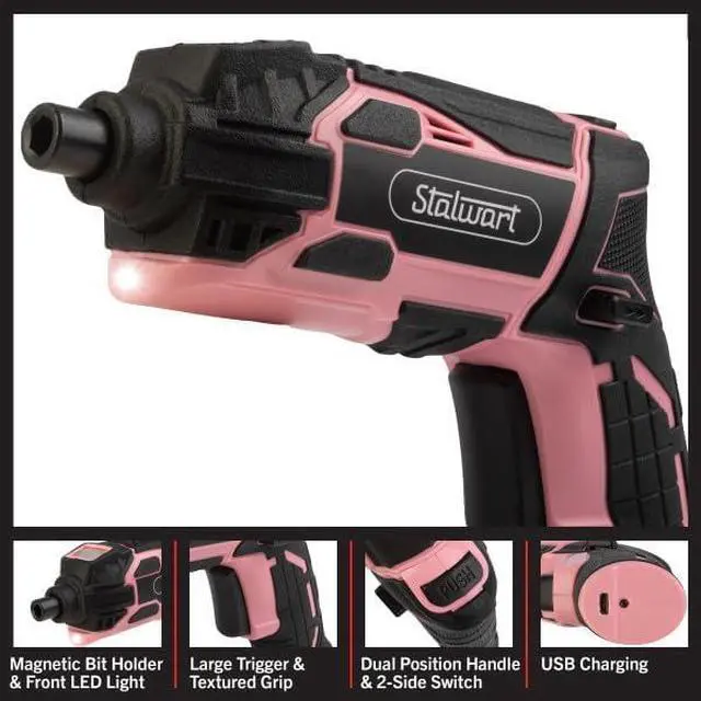 Alt view image 3 of 6 - Electric Screwdriver Cordless Drill with Battery and Charger - 45-Piece Cordless Screwdriver Set with LED Light USB Cable Dual Position Screw Gun and Bits for Home Office and DIY by (Pink)
