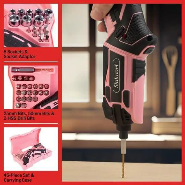Alt view image 4 of 6 - Electric Screwdriver Cordless Drill with Battery and Charger - 45-Piece Cordless Screwdriver Set with LED Light USB Cable Dual Position Screw Gun and Bits for Home Office and DIY by (Pink)