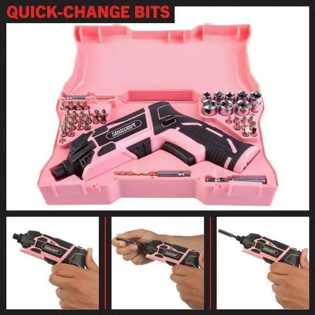 Alt view image 5 of 6 - Electric Screwdriver Cordless Drill with Battery and Charger - 45-Piece Cordless Screwdriver Set with LED Light USB Cable Dual Position Screw Gun and Bits for Home Office and DIY by (Pink)