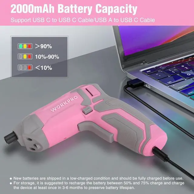 Alt view image 7 of 7 - Pink Cordless Screwdriver Set 3.6V Electric Rechargeable Eccentric Power Screwdriver Kit with 24Pcs Bits Delay-off LED Light 2000mAh High-Capacity Battery Carrying Case Included