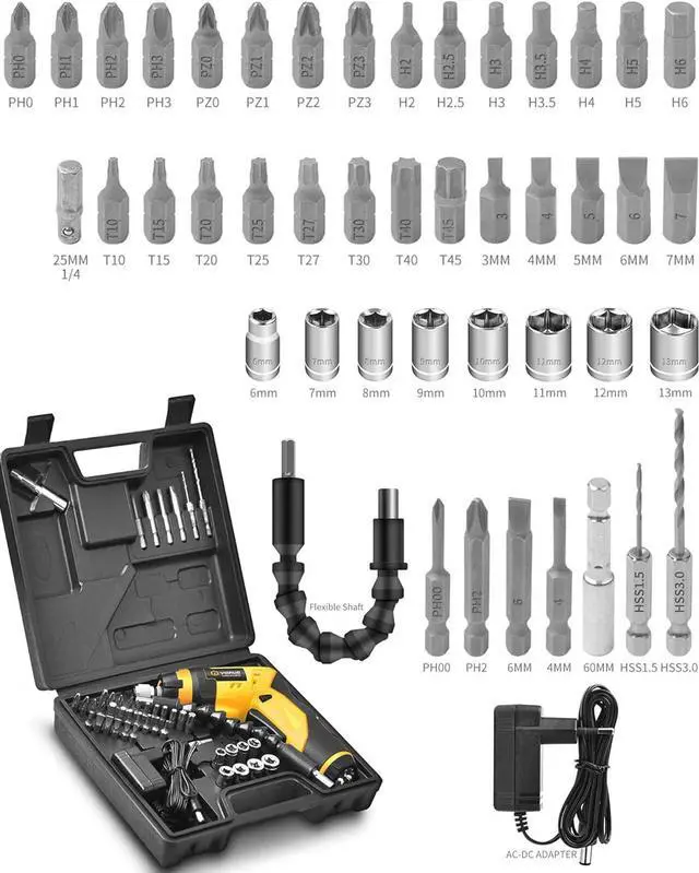 Alt view image 2 of 7 - Cordless Screwdriver Set Rechargeable Electric Screwdriver with 45 Free Accessories Battery Indicator 7 Torque Setting 2 Position Handle with LED Light Flexible Shaft