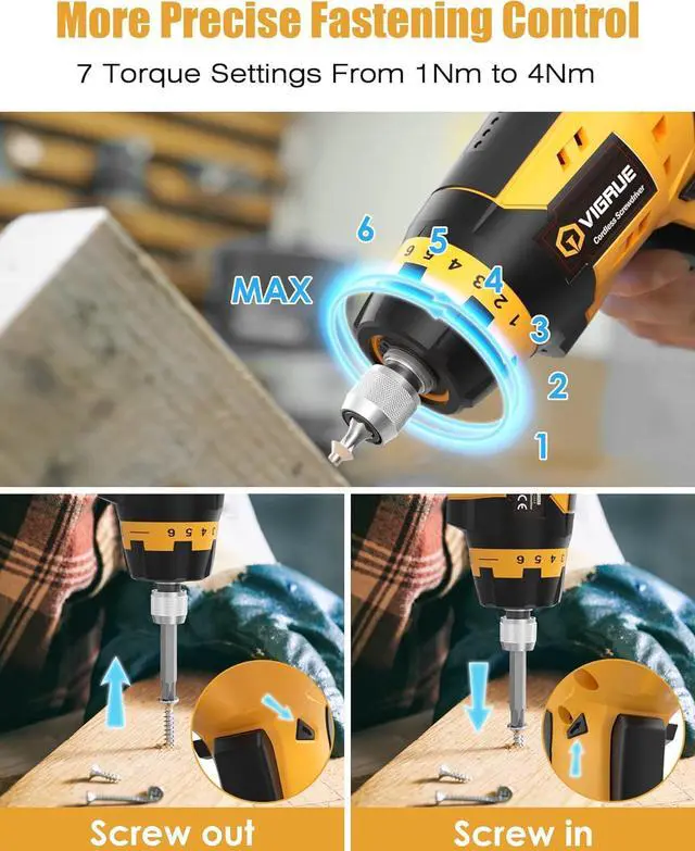 Alt view image 3 of 7 - Cordless Screwdriver Set Rechargeable Electric Screwdriver with 45 Free Accessories Battery Indicator 7 Torque Setting 2 Position Handle with LED Light Flexible Shaft