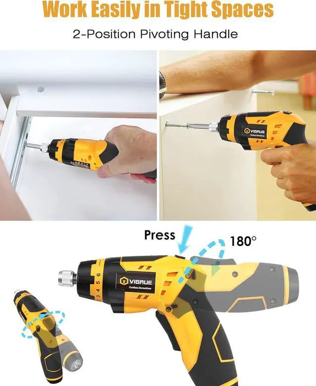 Alt view image 4 of 7 - Cordless Screwdriver Set Rechargeable Electric Screwdriver with 45 Free Accessories Battery Indicator 7 Torque Setting 2 Position Handle with LED Light Flexible Shaft