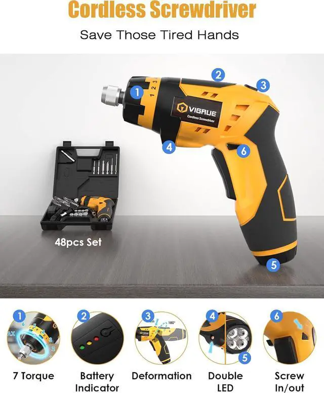 Alt view image 7 of 7 - Cordless Screwdriver Set Rechargeable Electric Screwdriver with 45 Free Accessories Battery Indicator 7 Torque Setting 2 Position Handle with LED Light Flexible Shaft
