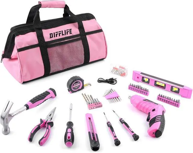 Main image of Pink Tool Set for Women 126-Piece Ladys Power Screwdriver Cordless Rechargeable Set Home Repairing Tool Set with 13-Inch Wide Mouth Open Storage 126PCS 3.6V Electric Screwdriver Tool Bag