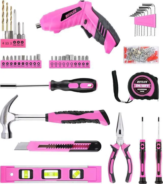 Alt view image 2 of 7 - Pink Tool Set for Women 126-Piece Ladys Power Screwdriver Cordless Rechargeable Set Home Repairing Tool Set with 13-Inch Wide Mouth Open Storage 126PCS 3.6V Electric Screwdriver Tool Bag