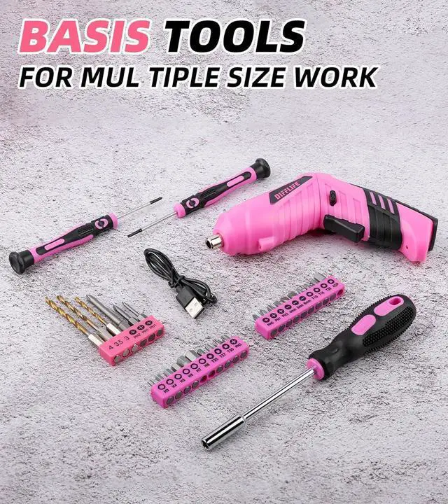 Alt view image 3 of 7 - Pink Tool Set for Women 126-Piece Ladys Power Screwdriver Cordless Rechargeable Set Home Repairing Tool Set with 13-Inch Wide Mouth Open Storage 126PCS 3.6V Electric Screwdriver Tool Bag