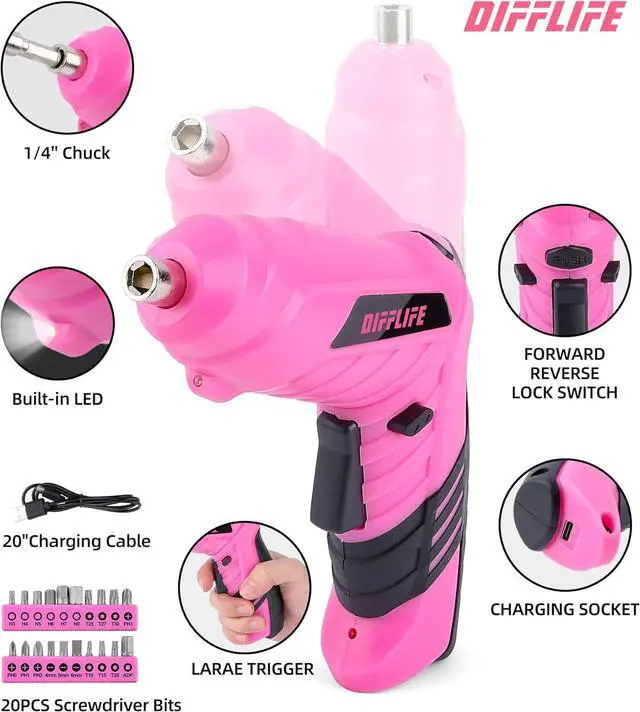 Alt view image 4 of 7 - Pink Tool Set for Women 126-Piece Ladys Power Screwdriver Cordless Rechargeable Set Home Repairing Tool Set with 13-Inch Wide Mouth Open Storage 126PCS 3.6V Electric Screwdriver Tool Bag