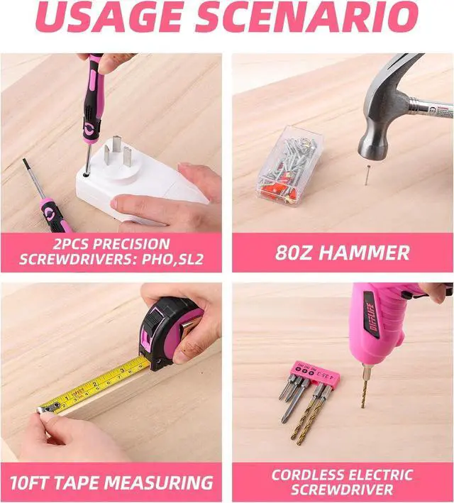 Alt view image 5 of 7 - Pink Tool Set for Women 126-Piece Ladys Power Screwdriver Cordless Rechargeable Set Home Repairing Tool Set with 13-Inch Wide Mouth Open Storage 126PCS 3.6V Electric Screwdriver Tool Bag