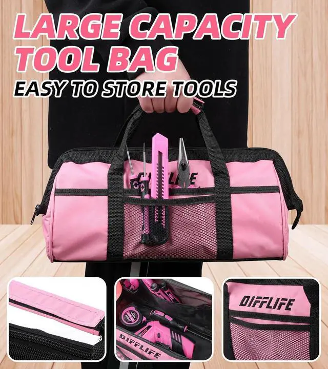 Alt view image 6 of 7 - Pink Tool Set for Women 126-Piece Ladys Power Screwdriver Cordless Rechargeable Set Home Repairing Tool Set with 13-Inch Wide Mouth Open Storage 126PCS 3.6V Electric Screwdriver Tool Bag