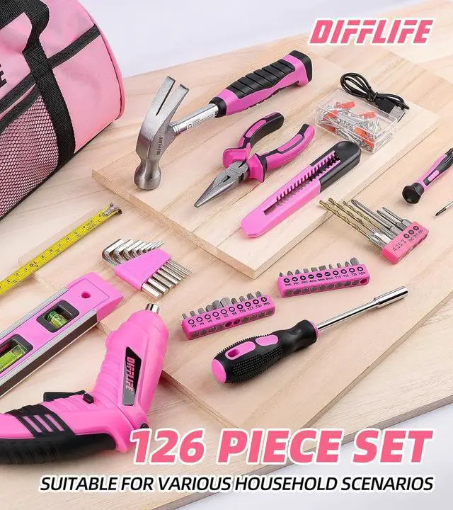Alt view image 7 of 7 - Pink Tool Set for Women 126-Piece Ladys Power Screwdriver Cordless Rechargeable Set Home Repairing Tool Set with 13-Inch Wide Mouth Open Storage 126PCS 3.6V Electric Screwdriver Tool Bag