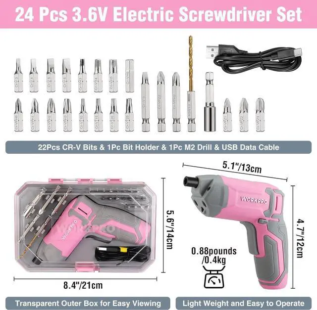 Alt view image 2 of 7 - Pink Cordless Screwdriver Set 3.6V Electric Rechargeable Eccentric Power Screwdriver Kit with 24Pcs Bits Delay-off LED Light 2000mAh High-Capacity Battery Carrying Case Included