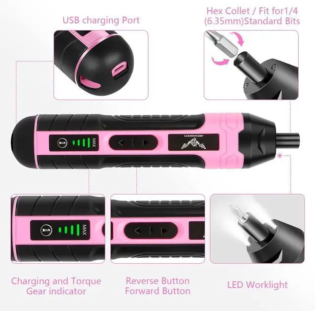 Alt view image 4 of 7 - Electric Screwdriver Pink 3.6V Rechargeable Cordless Screwdriver 5N.m Max Torque 4-Gear Torque LED Light 105 Pcs Ideal for Women Daily & Light Industrial Use
