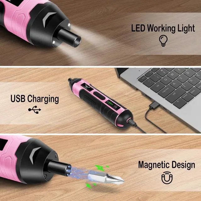 Alt view image 5 of 7 - Electric Screwdriver Pink 3.6V Rechargeable Cordless Screwdriver 5N.m Max Torque 4-Gear Torque LED Light 105 Pcs Ideal for Women Daily & Light Industrial Use
