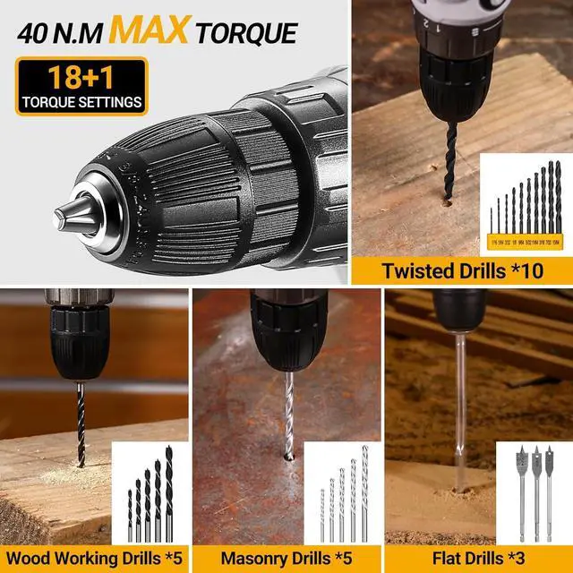 Alt view image 5 of 7 - Cordless Drill Tool Kit Set: 20V Power Drill Tool Box with Battery Electric Drill Driver for Men Home Hand Repair Basic Toolbox Tools Sets Drills Case