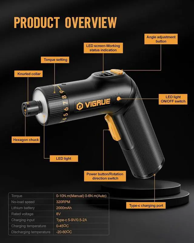 Alt view image 5 of 7 - Cordless Screwdriver Set 8V Max 10Nm Rechargeable Electric Screwdriver with 47 Accessories 320RPM/10+1 Torque Setting power screwdriver kit 2 Position Handle with LED Light