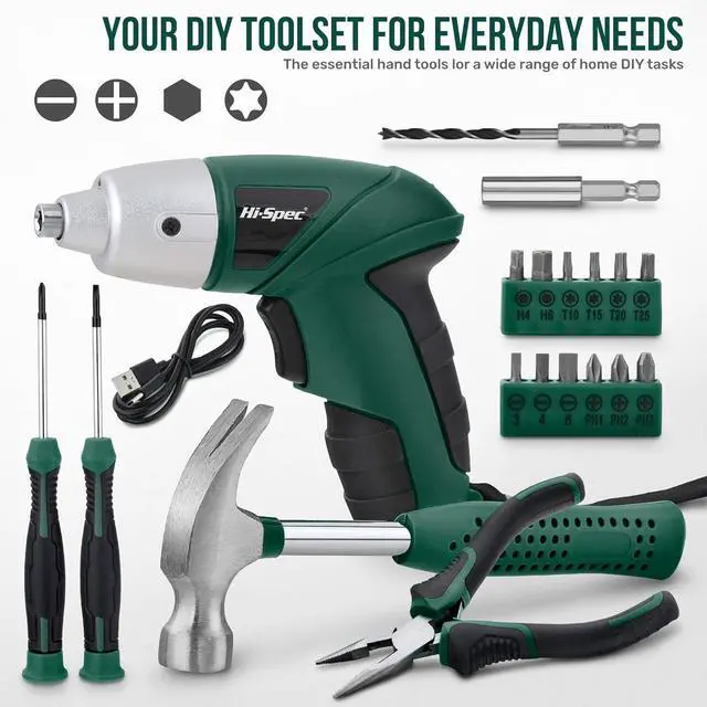 Alt view image 2 of 7 - Electric Screwdriver 19pc 3.6V Green USB Small Power Screwdriver Set. Cordless & Rechargeable with Compact Hand Tool Box Set