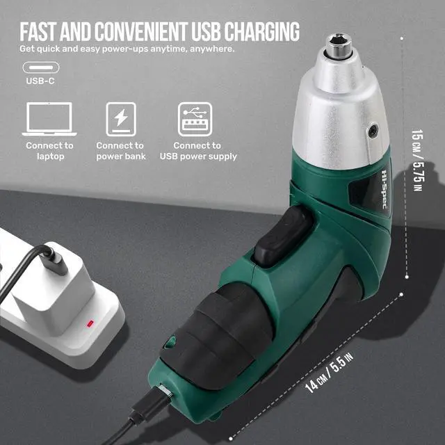 Alt view image 5 of 7 - Electric Screwdriver 19pc 3.6V Green USB Small Power Screwdriver Set. Cordless & Rechargeable with Compact Hand Tool Box Set