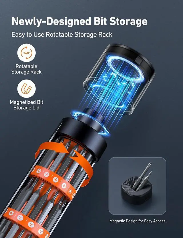 Alt view image 5 of 7 - ES60 3.7V Mini Electric Screwdriver 63-in-1 Electric Screwdriver Cordless Set with 60 Magnetic Bits Rotatable Magnetic Storage Repair Tool Kit for Phone Camera Laptop Watch