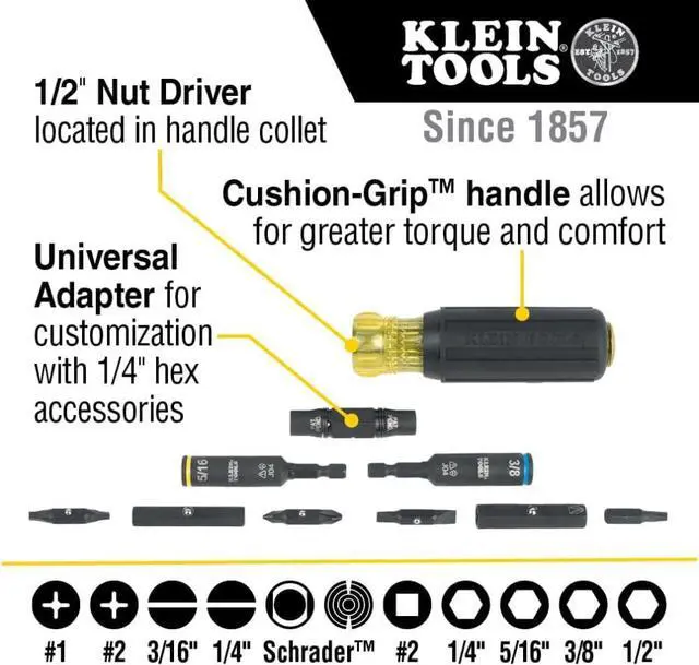 Alt view image 2 of 7 - Klein Tools 32527HD KNECT 11-in-1 HVAC Multi-Bit Screwdriver/Nut Driver Impact Rated with Phillips Slotted Square and Schrader Bits