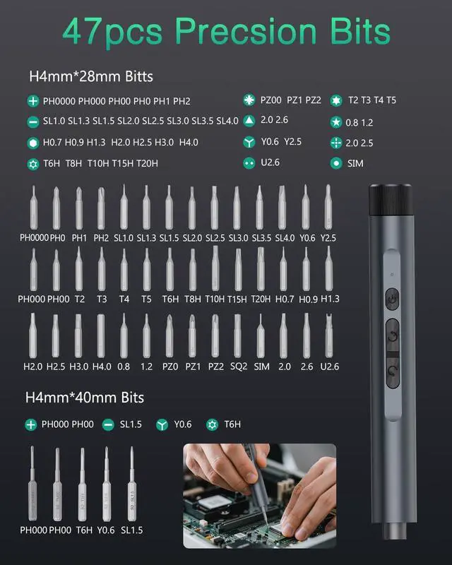 Alt view image 7 of 7 - 49-in-1 Mini Electric Screwdriver 3.6V Precision Screwdriver Set with 47 Magnetic Bits LED Lights Rechargeable Repair Tool Kit for Phone PC Laptop Watch DIY