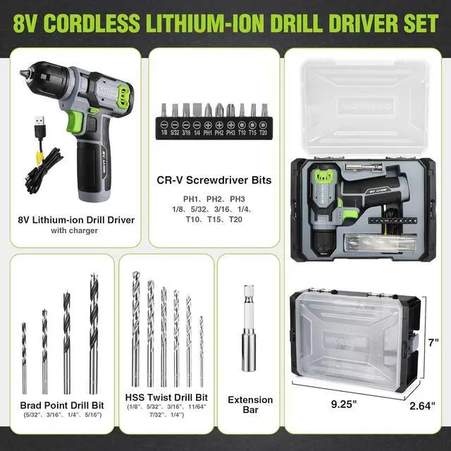 Alt view image 4 of 7 - Power Drill Set with Stackable Tool Box 8V Cordless Drill Driver and Bit Set 2.0Ah Electric Cordless Screwdriver Kit with 3/8 Keyless Chuck For Home Repair DIY