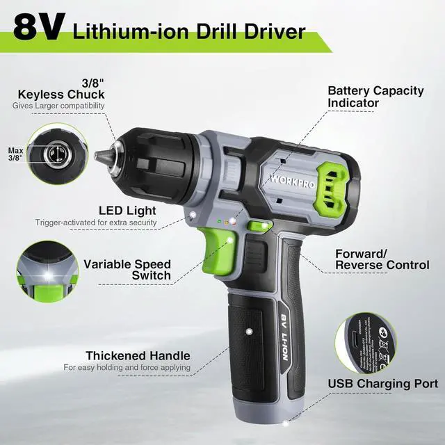 Alt view image 5 of 7 - Power Drill Set with Stackable Tool Box 8V Cordless Drill Driver and Bit Set 2.0Ah Electric Cordless Screwdriver Kit with 3/8 Keyless Chuck For Home Repair DIY
