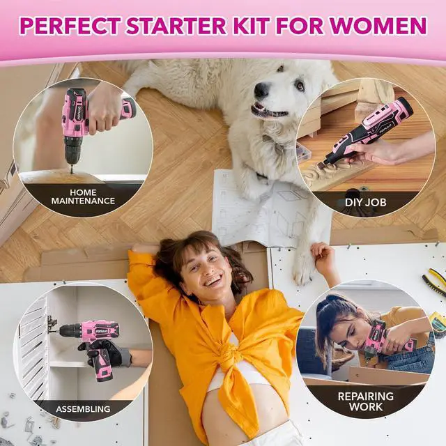 Alt view image 2 of 7 - Pink Household Power Tool Combo for Women(3-Tool), 12V Lightweight Cordless Drill with Battery x2, Impact Driver and Rotary Tool Kit-Home Tool Kit for DIY, Home Improvement