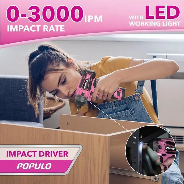 Alt view image 5 of 7 - Pink Household Power Tool Combo for Women(3-Tool), 12V Lightweight Cordless Drill with Battery x2, Impact Driver and Rotary Tool Kit-Home Tool Kit for DIY, Home Improvement