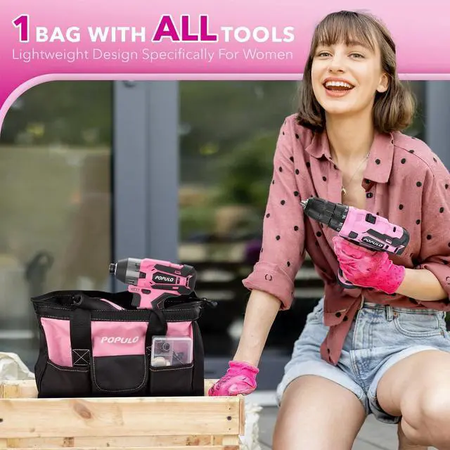 Alt view image 7 of 7 - Pink Household Power Tool Combo for Women(3-Tool), 12V Lightweight Cordless Drill with Battery x2, Impact Driver and Rotary Tool Kit-Home Tool Kit for DIY, Home Improvement