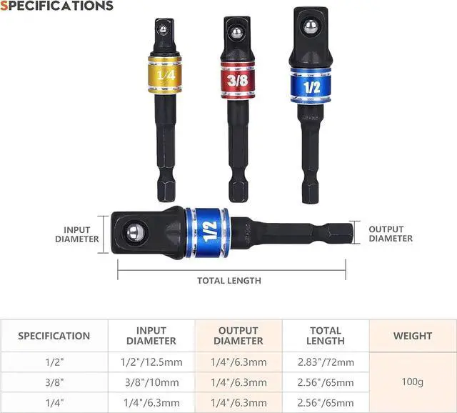 Alt view image 3 of 7 - Impact Grade Driver Sockets Adapter Extension Set Drill Bit 3Pcs 1/4 3/8 1/2 Universal Socket Adapter Set and Right Angle Drill 105 Degree Right Angle Screwdriver Set Drill Hex Bit Socket Adapter