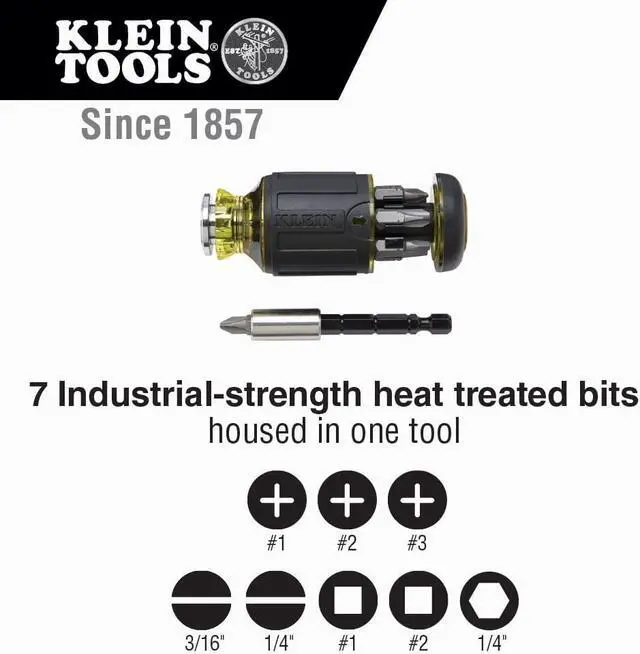 Alt view image 3 of 7 - Klein Tools 32308 Multi-bit Stubby Screwdriver Impact Rated 8-in-1 Adjustable Magnetic Tool with Phillips Slotted Square and Nut Driver