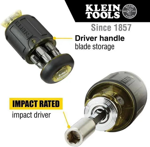 Alt view image 5 of 7 - Klein Tools 32308 Multi-bit Stubby Screwdriver Impact Rated 8-in-1 Adjustable Magnetic Tool with Phillips Slotted Square and Nut Driver