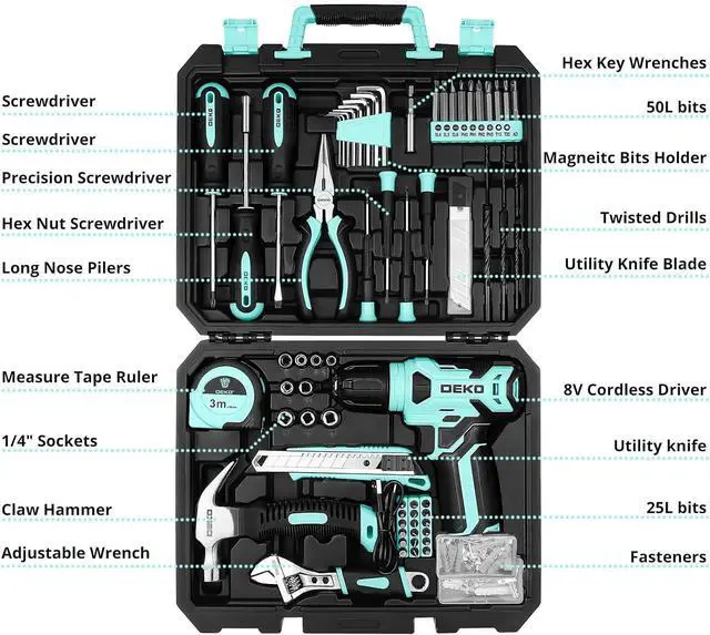 Alt view image 2 of 6 - 8V Cordless Drill Set: 126 Piece Tool Kit with Drill Home Tool Set for Women Turquoise