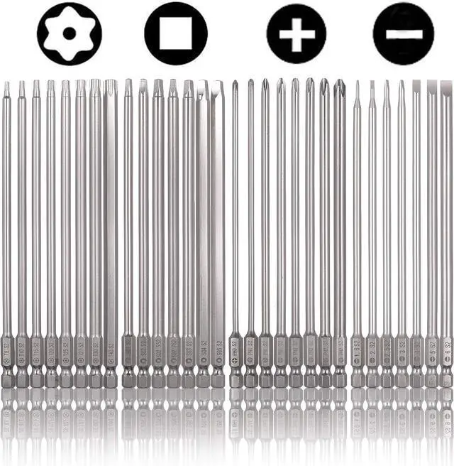 Main image of 30 Pack 1/4 Inch Hex Shank Long Magnetic Screwdriver Bits Set 6 Inch Power Tools(Slotted+Cross+Square +Torx)