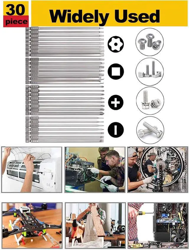Alt view image 6 of 7 - 30 Pack 1/4 Inch Hex Shank Long Magnetic Screwdriver Bits Set 6 Inch Power Tools(Slotted+Cross+Square +Torx)