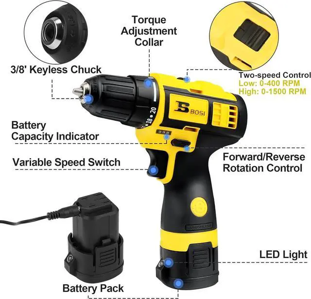 Alt view image 2 of 7 - BOSI TOOLS Brushless Cordless Drill Set 16.8V Power Drill Driver Kit with 2 2000mAh Batteries and Charger 3/8-Inch Keyless Chuck 2 Speed 20+1 Position Torque Setting 27pcs Drill Screwdriver Bits