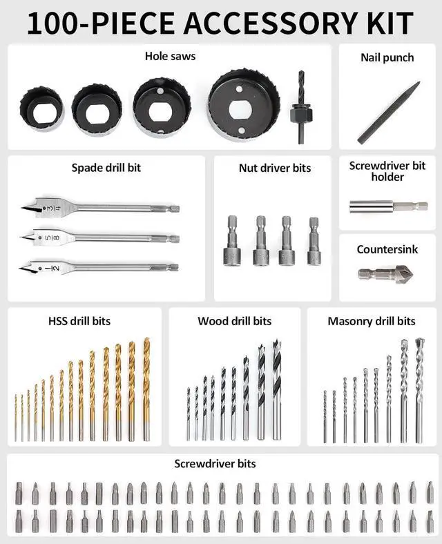 Alt view image 2 of 7 - Drill Bit Set Titanium Twist Brad Point Driver Bits Drill and Screwdriver Bits Combo Kit with Case for Metal Wood Concrete and Masonry 100 Pieces-Blue
