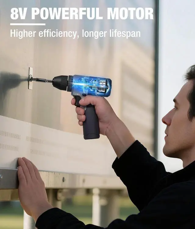 Alt view image 5 of 7 - 8V Cordless Drill Set 2Ah Electric Power Drill with 3/8 Keyless Chuck 15pcs Bits Type-C Charging Built-in LED and Variable Speed for Drilling and Screwing