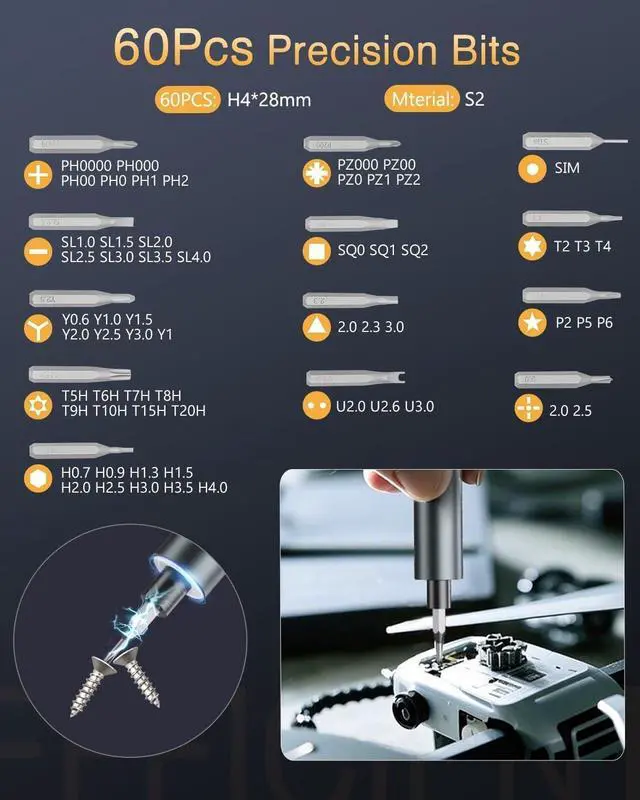 Alt view image 6 of 7 - Electric Screwdriver Set 62-in-1 Mini Electric Screwdriver 3.7V Rechargeable Power Screwdriver Kit with 60 Magnetic Precision Bits OLED Display for PC Phones Electronics DIY