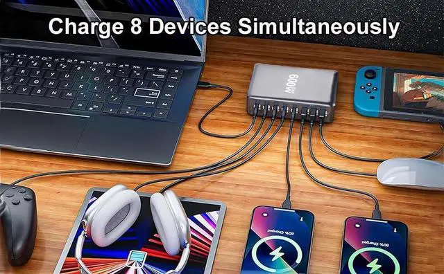 Alt view image 3 of 7 - USB C Charger GaN 600W Desktop Charger Block Charging Station HubPD 3.1/QC 5.0 Fast Charging Station for All iPad iPhone 16/15/14/13/Pro Max/ HP MacBook Pro/Air  Galaxy Note