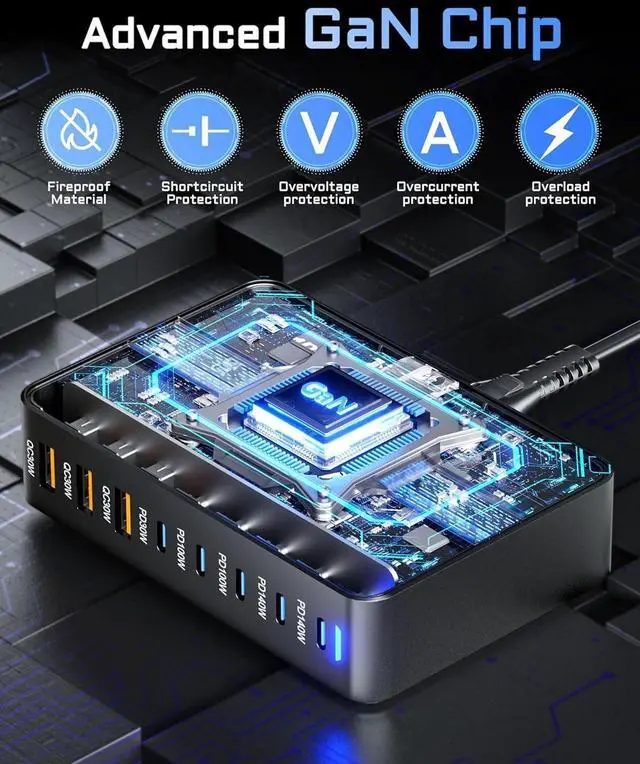 Alt view image 7 of 7 - USB C Charger GaN 600W Desktop Charger Block Charging Station HubPD 3.1/QC 5.0 Fast Charging Station for All iPad iPhone 16/15/14/13/Pro Max/ HP MacBook Pro/Air  Galaxy Note